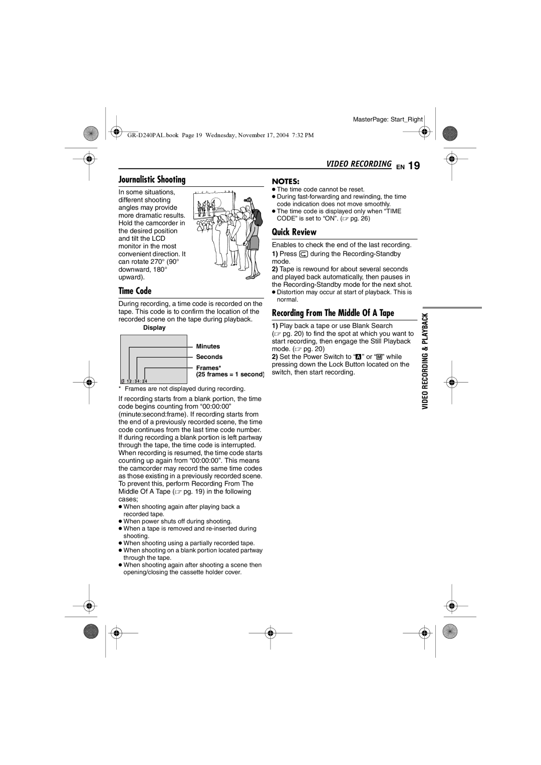 JVC GR D 240 manual Video Recording EN, Journalistic Shooting, Time Code, Quick Review 