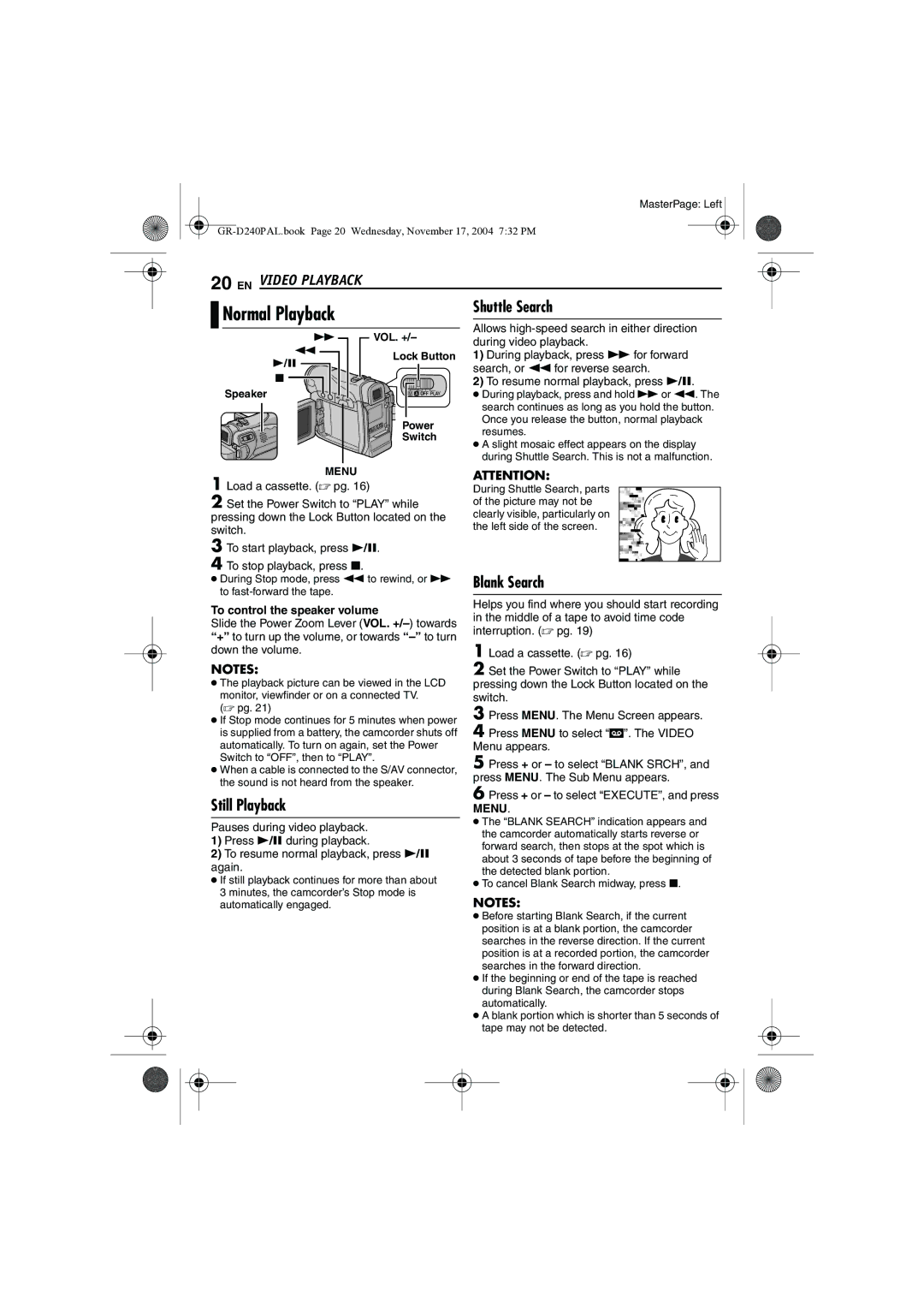 JVC GR D 240 manual EN Video Playback, Shuttle Search, Blank Search, Still Playback, To control the speaker volume 