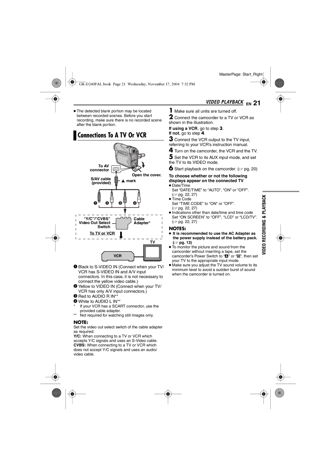 JVC GR D 240 manual Video Playback EN, If using a VCR, go to . If not, go to step, Start playback on the camcorder.  pg 