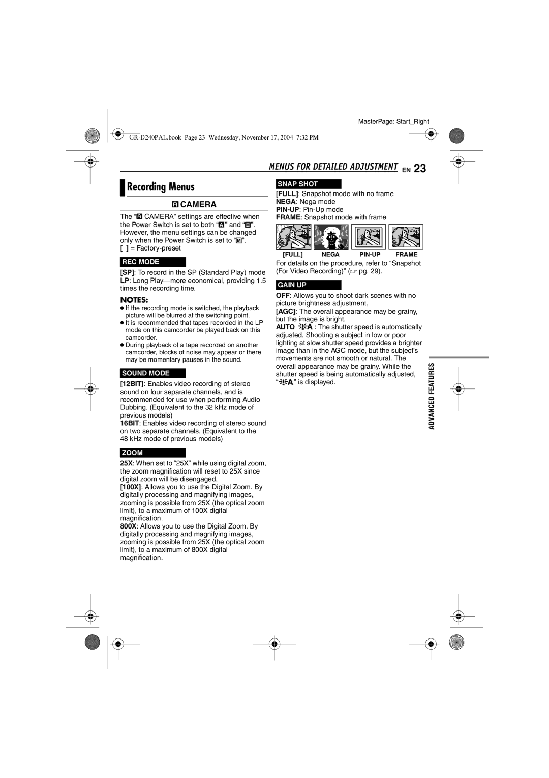 JVC GR D 240 manual Recording Menus 