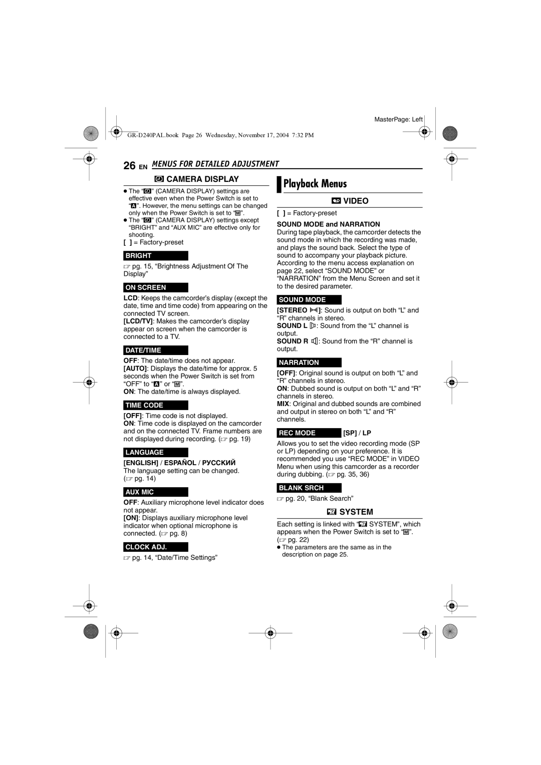 JVC GR D 240 manual Playback Menus 