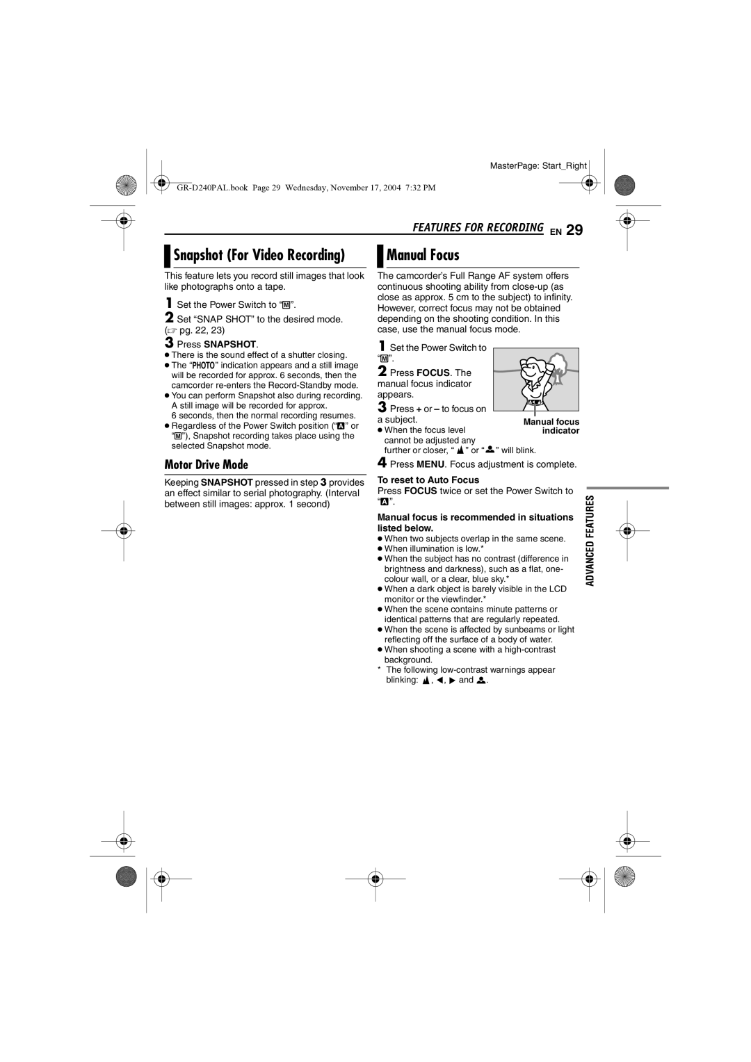 JVC GR D 240 manual Manual Focus, Features for Recording EN, Snapshot For Video Recording, Motor Drive Mode 