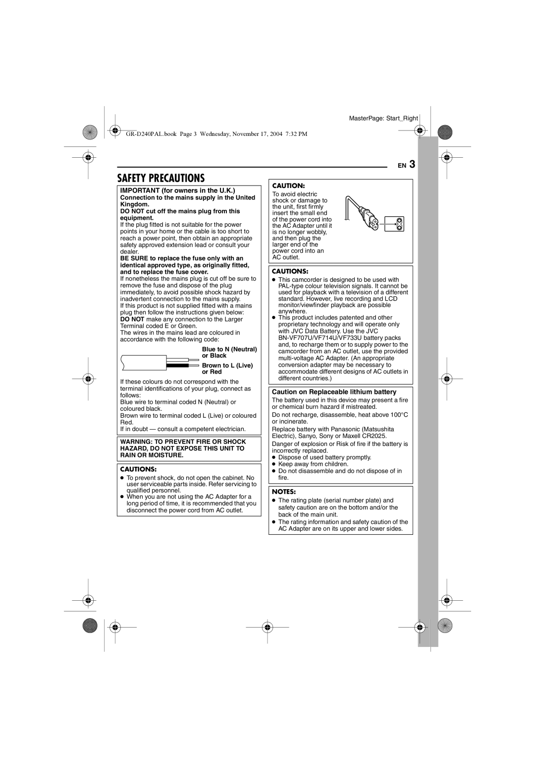 JVC GR D 240 manual Important for owners in the U.K, Blue to N Neutral or Black Brown to L Live or Red 