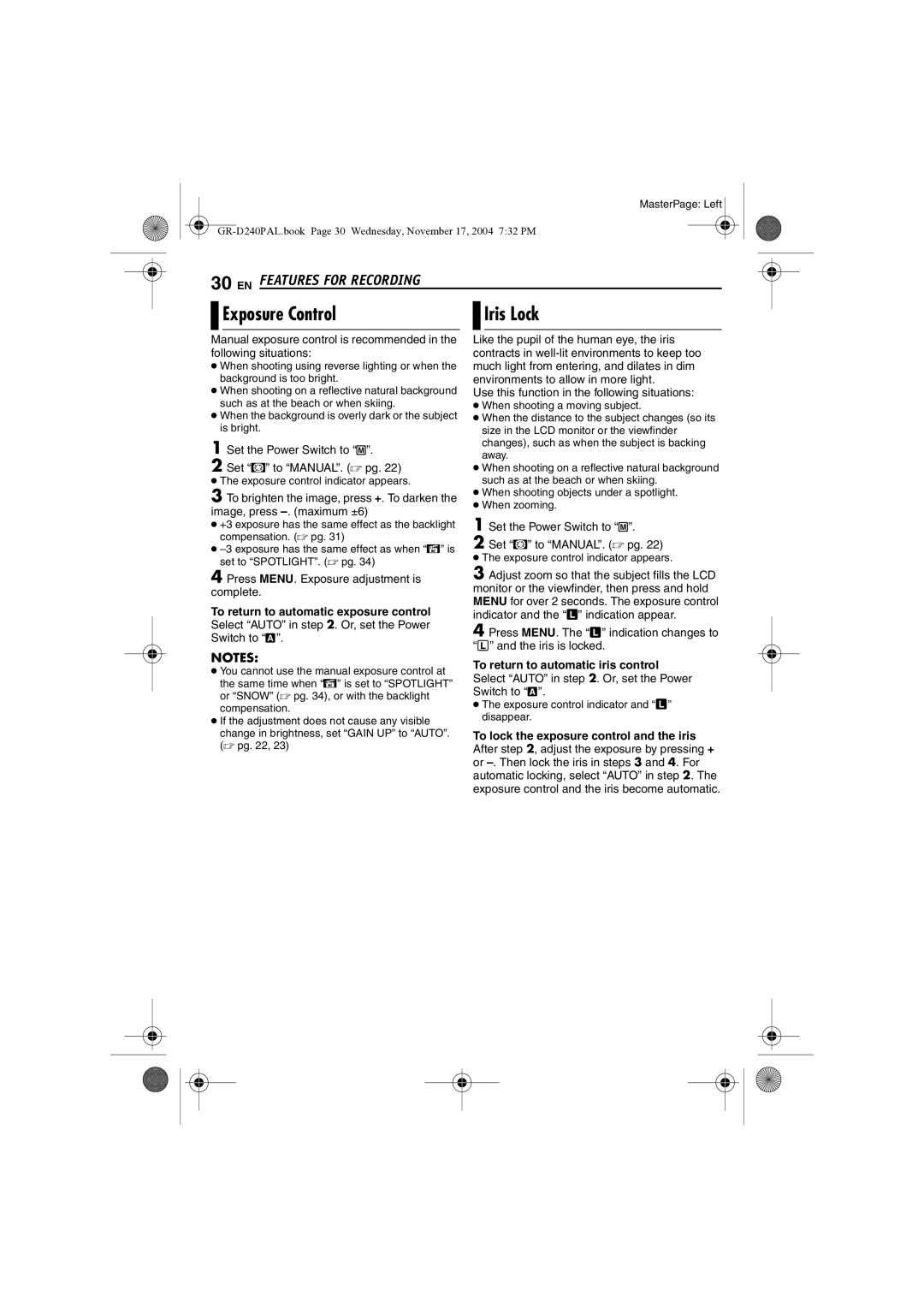 JVC GR D 240 manual Exposure Control, To return to automatic exposure control, To return to automatic iris control 