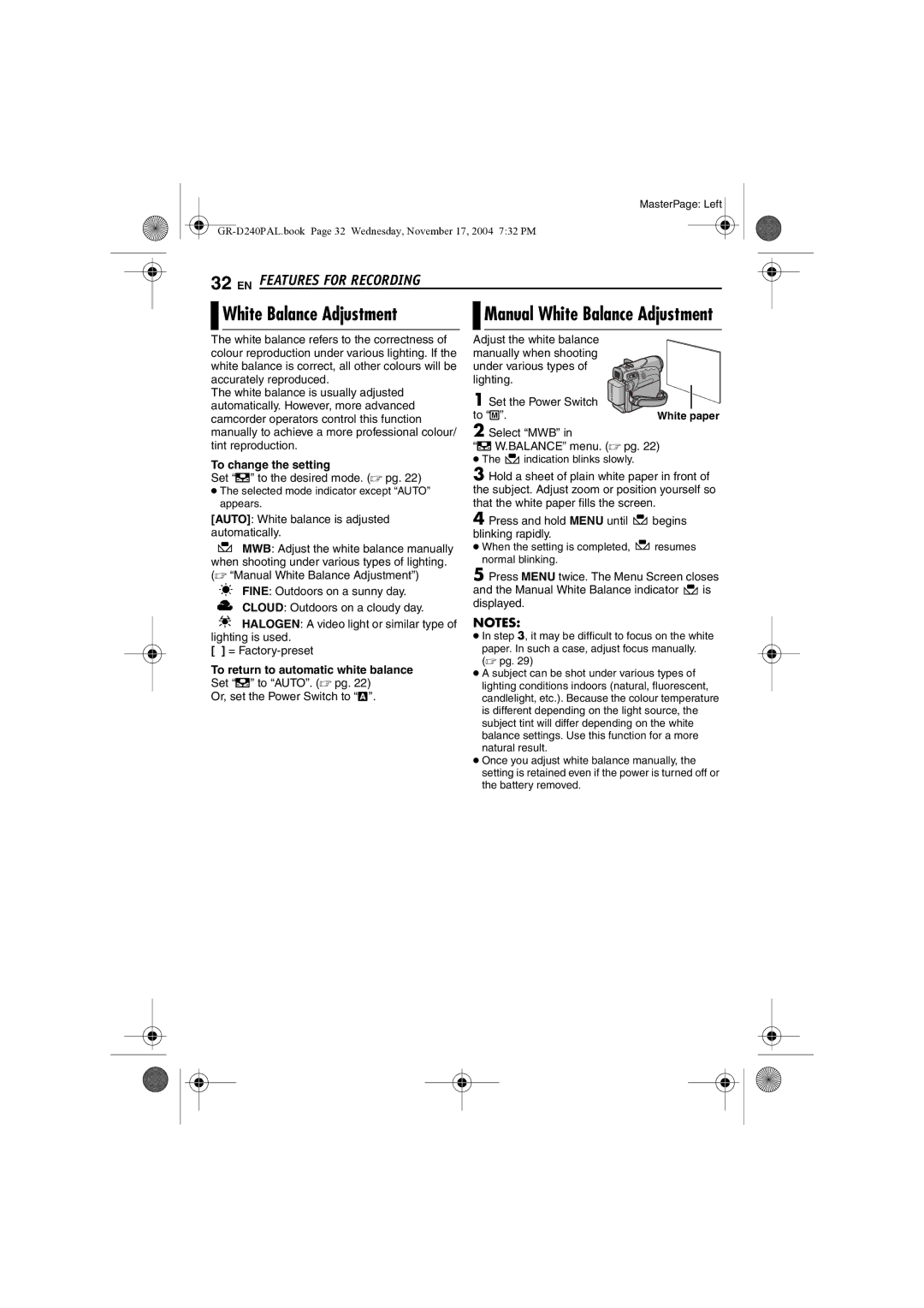 JVC GR D 240 manual White Balance Adjustment, To change the setting, To return to automatic white balance 