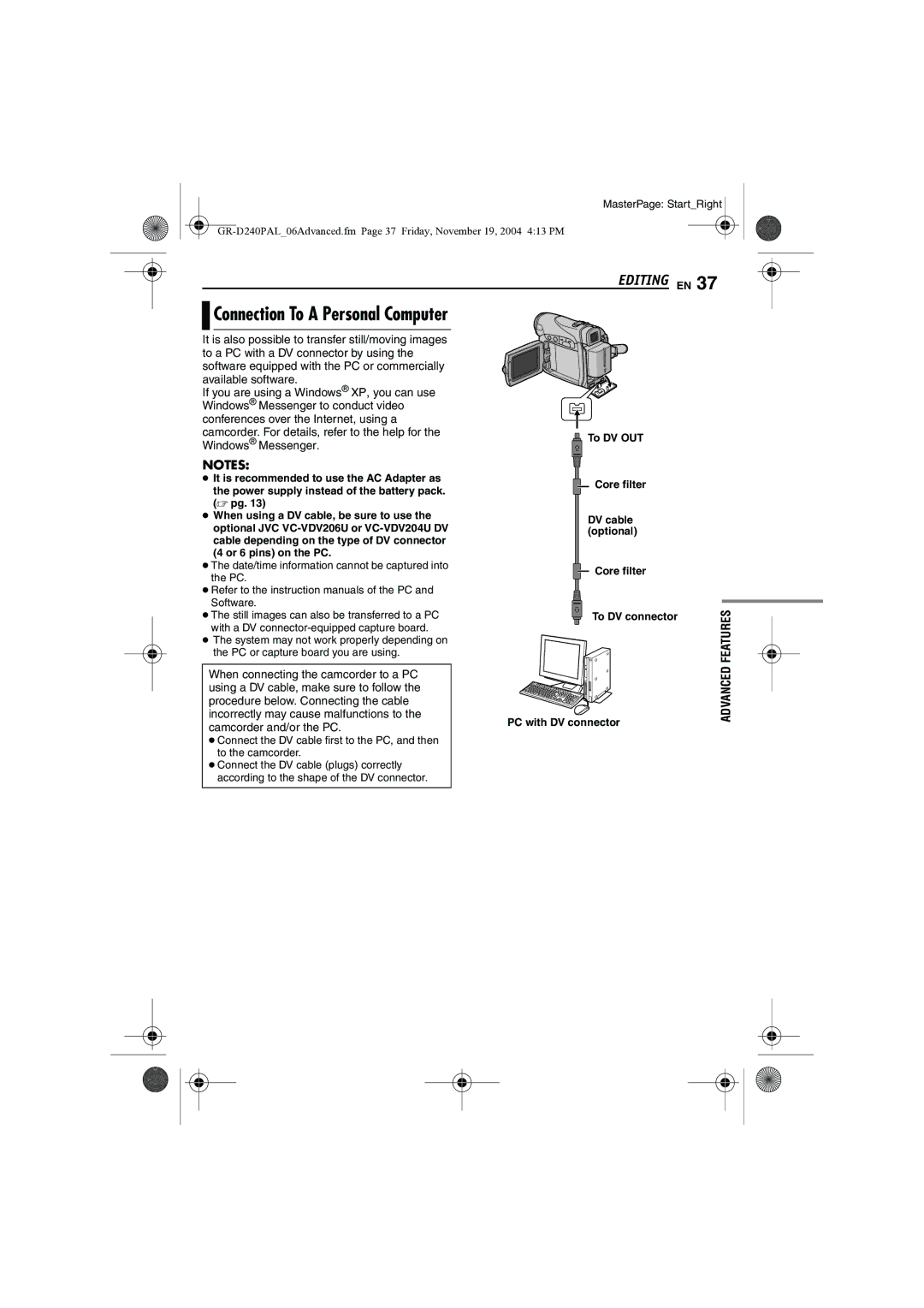 JVC GR D 240 manual Connection To a Personal Computer 