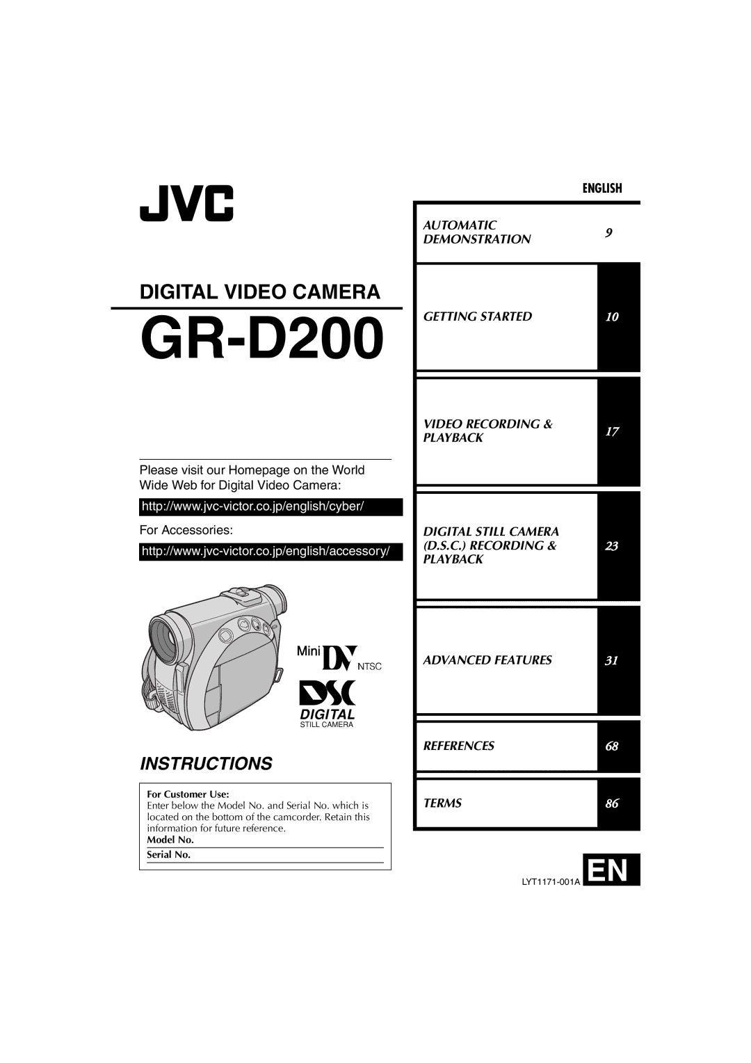 JVC GR-D200 manual For Customer Use, Model No Serial No 