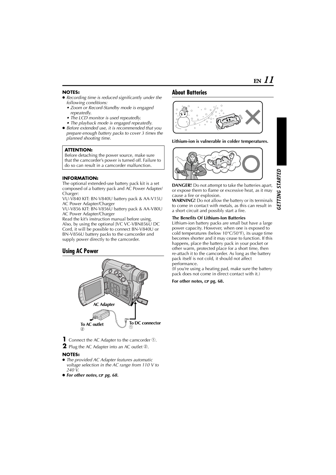 JVC GR-D200 manual Using AC Power, Information, Benefits Of Lithium-Ion Batteries, For other notes,  pg 