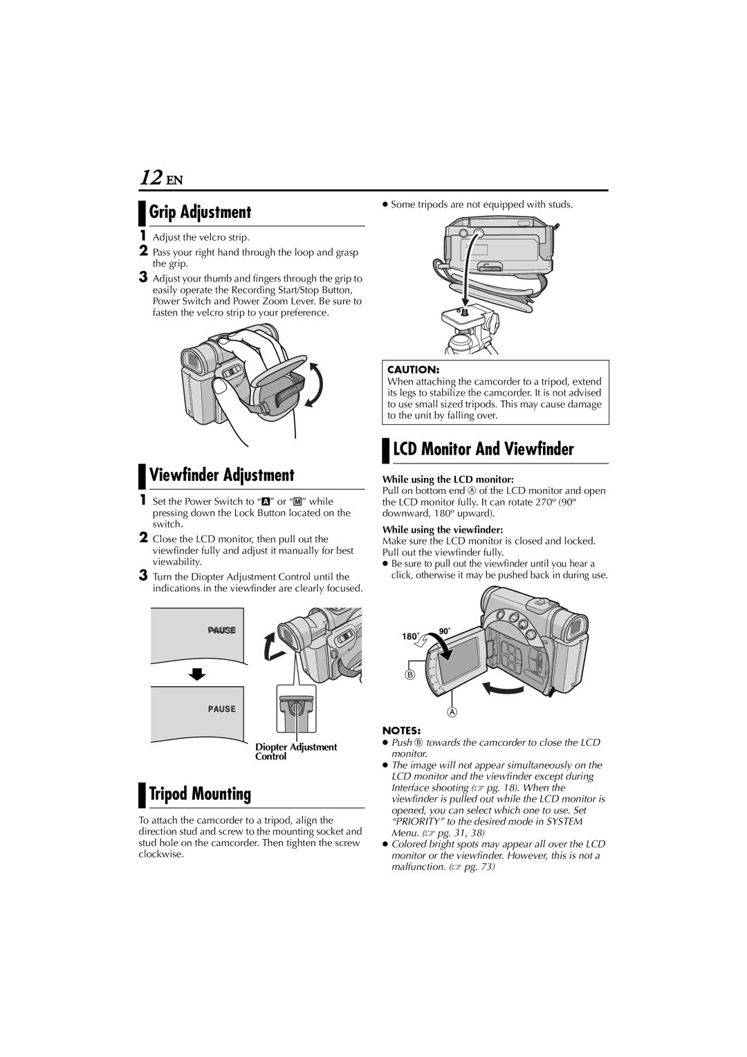 JVC GR-D200 manual Grip Adjustment, Viewfinder Adjustment, Tripod Mounting 