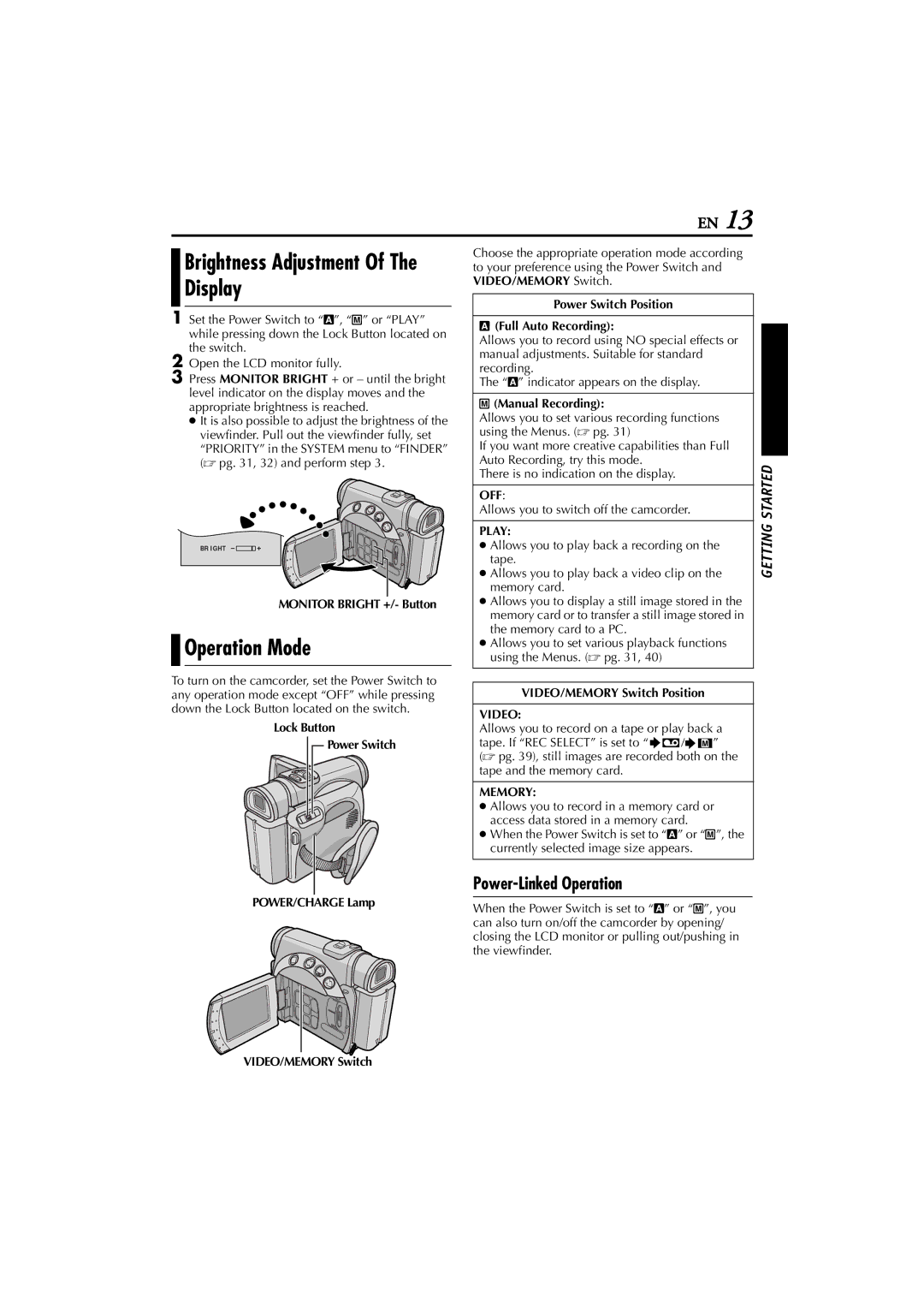 JVC GR-D200 manual Operation Mode, Power-Linked Operation 