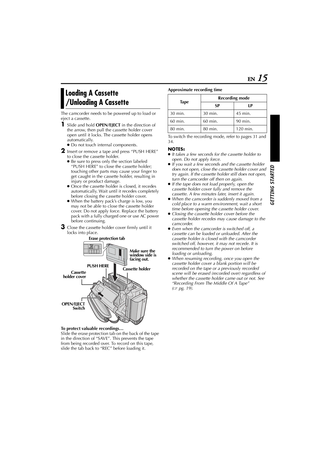 JVC GR-D200 manual Loading a Cassette Unloading a Cassette, Push Here, Open/Eject 