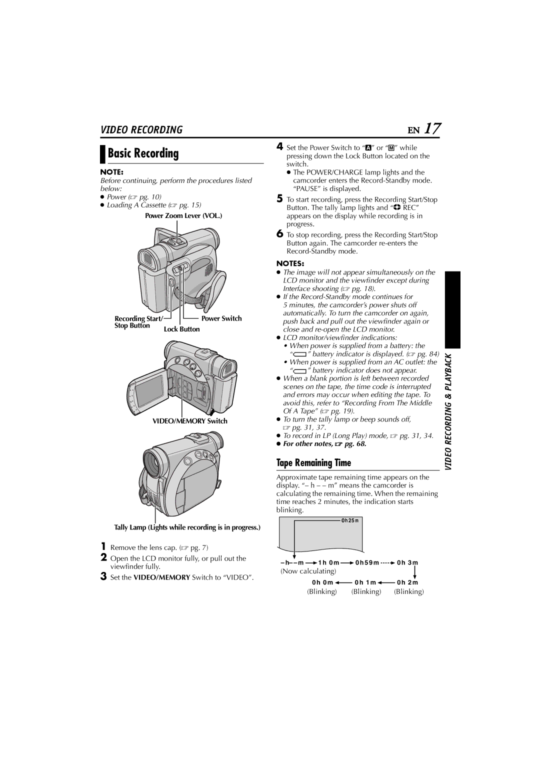 JVC GR-D200 manual Basic Recording, En%, Power Zoom Lever VOL, Stop Button Lock Button VIDEO/MEMORY Switch, A Tape  pg 