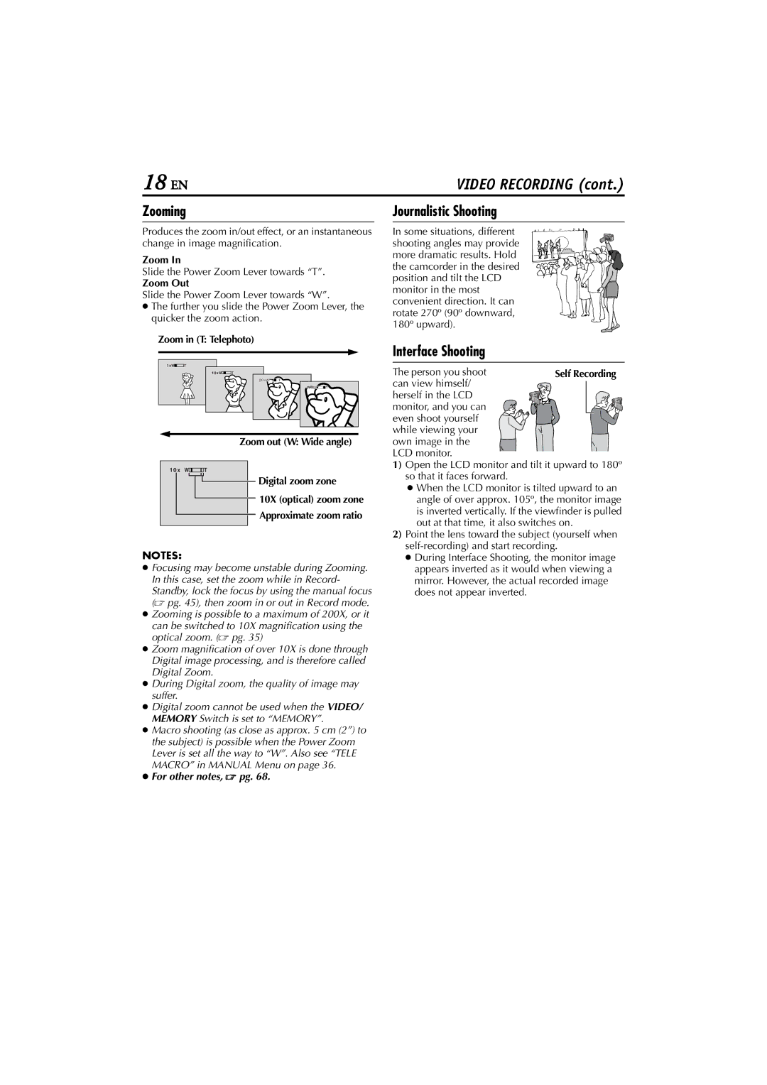 JVC GR-D200 manual Zooming, Journalistic Shooting, Interface Shooting 