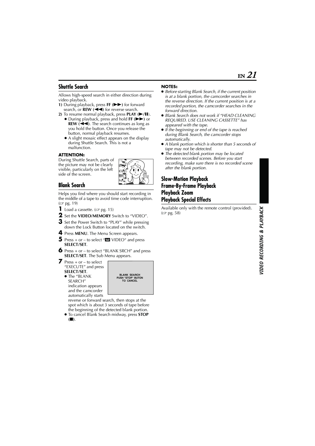 JVC GR-D200 manual Shuttle Search, Select/Set, To cancel Blank Search midway, press Stop 