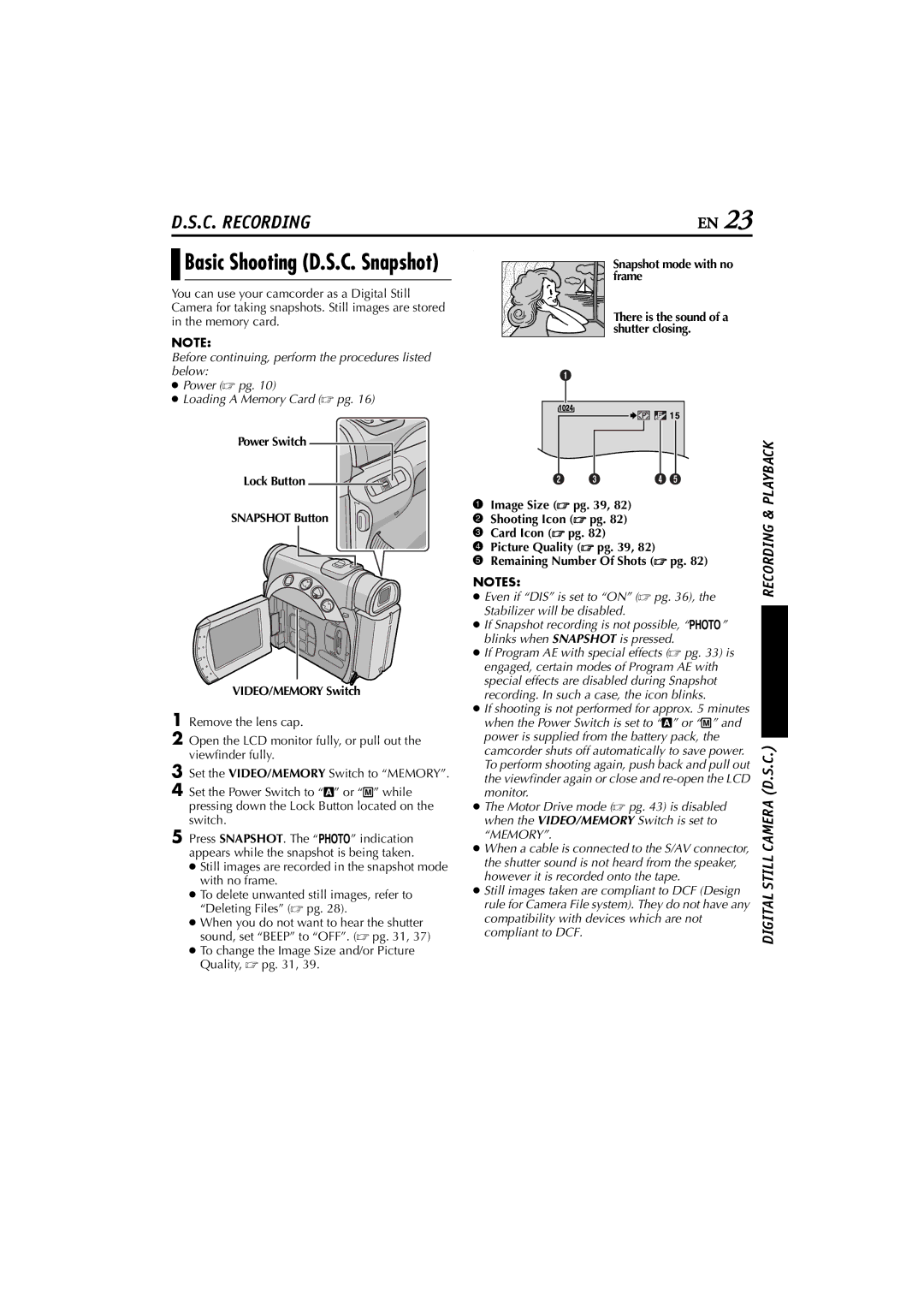 JVC GR-D200 manual Basic Shooting D.S.C. Snapshot 