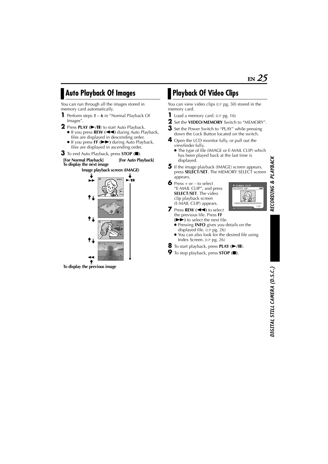 JVC GR-D200 manual Auto Playback Of Images, Playback Of Video Clips, En #, To display the previous image 