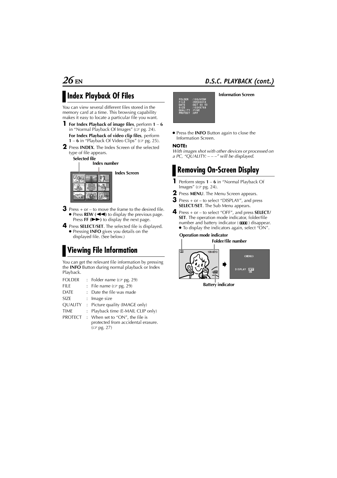 JVC GR-D200 manual Index Playback Of Files, Viewing File Information, $En 