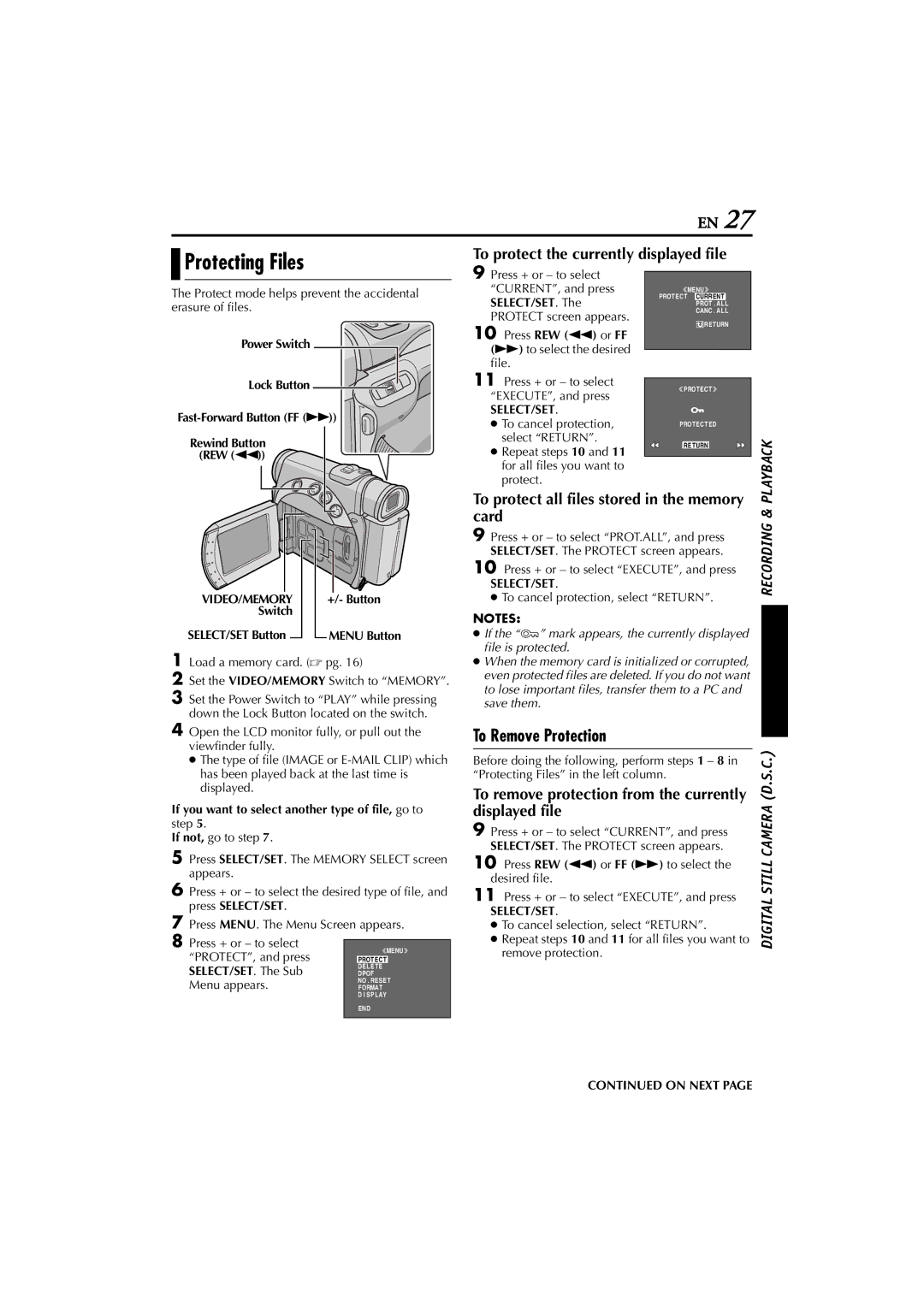 JVC GR-D200 manual To Remove Protection, En %, To protect the currently displayed file, Card, Displayed file 