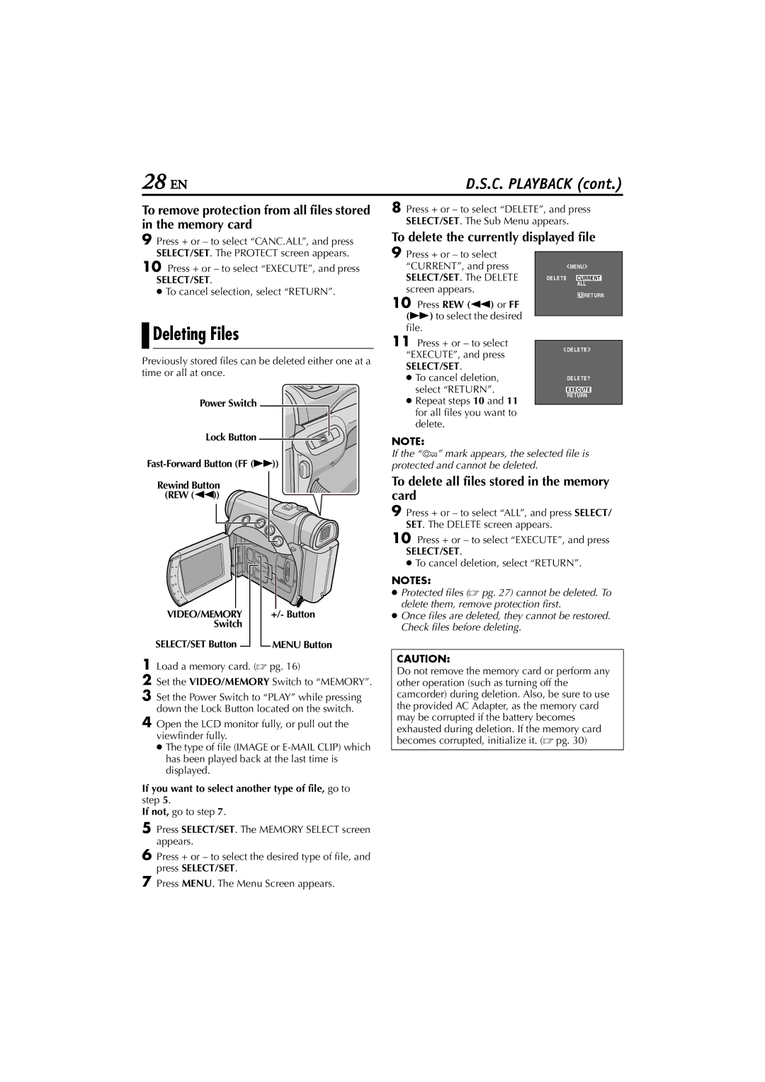 JVC GR-D200 manual Deleting Files, To delete the currently displayed file, To delete all files stored in the memory card 