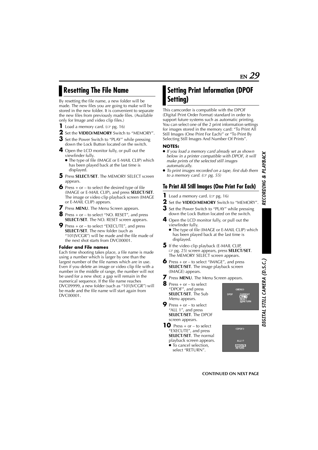 JVC GR-D200 manual Resetting The File Name, Setting Print Information Dpof 