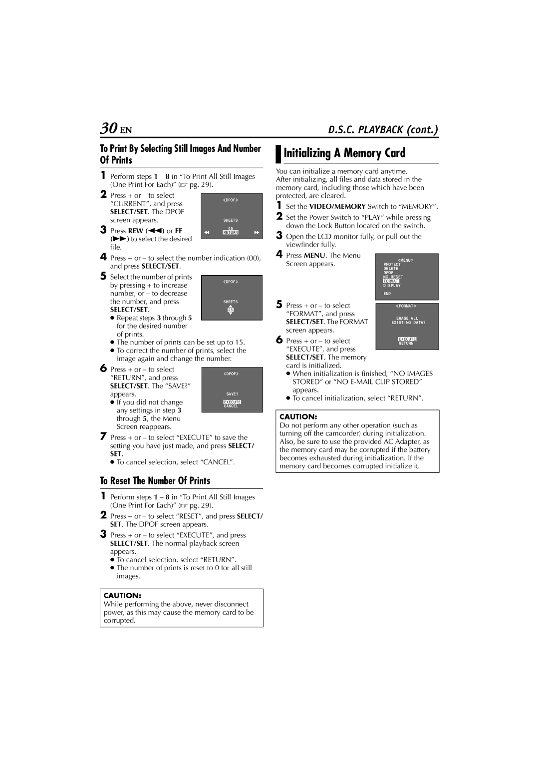 JVC GR-D200 manual Initializing a Memory Card, To Print By Selecting Still Images And Number Of Prints, Screen appears 