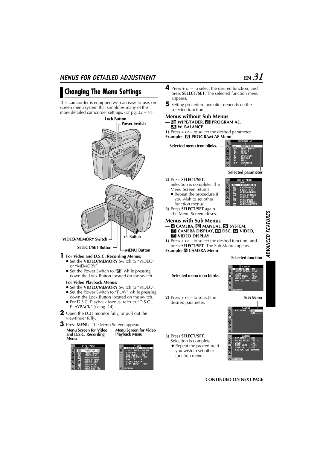 JVC GR-D200 manual Menus without Sub Menus, Menus with Sub Menus 