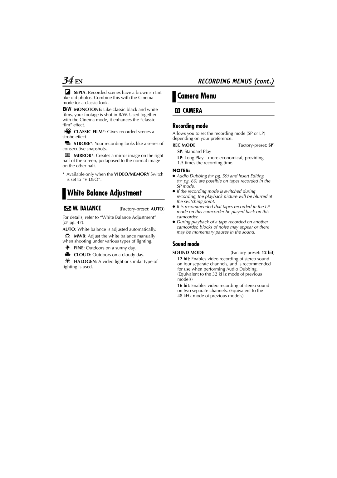 JVC GR-D200 manual White Balance Adjustment, Camera Menu, Recording mode, Sound mode 