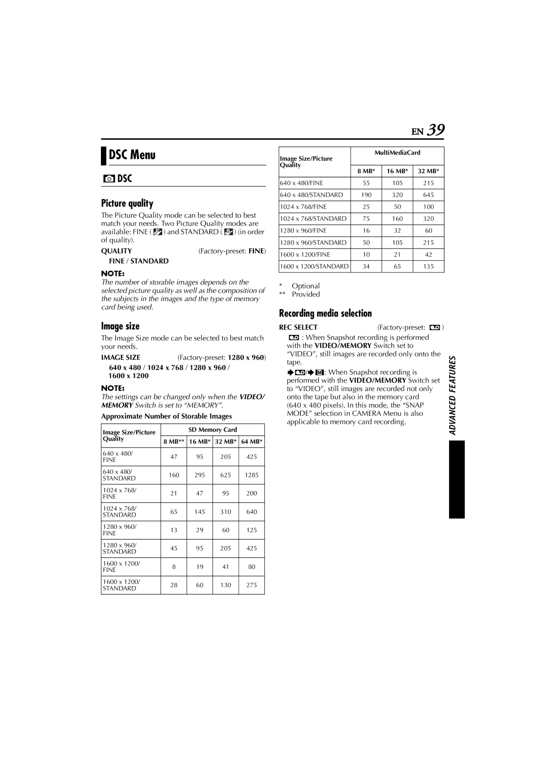 JVC GR-D200 manual DSC Menu, Dsc, Picture quality, Image size, Recording media selection 