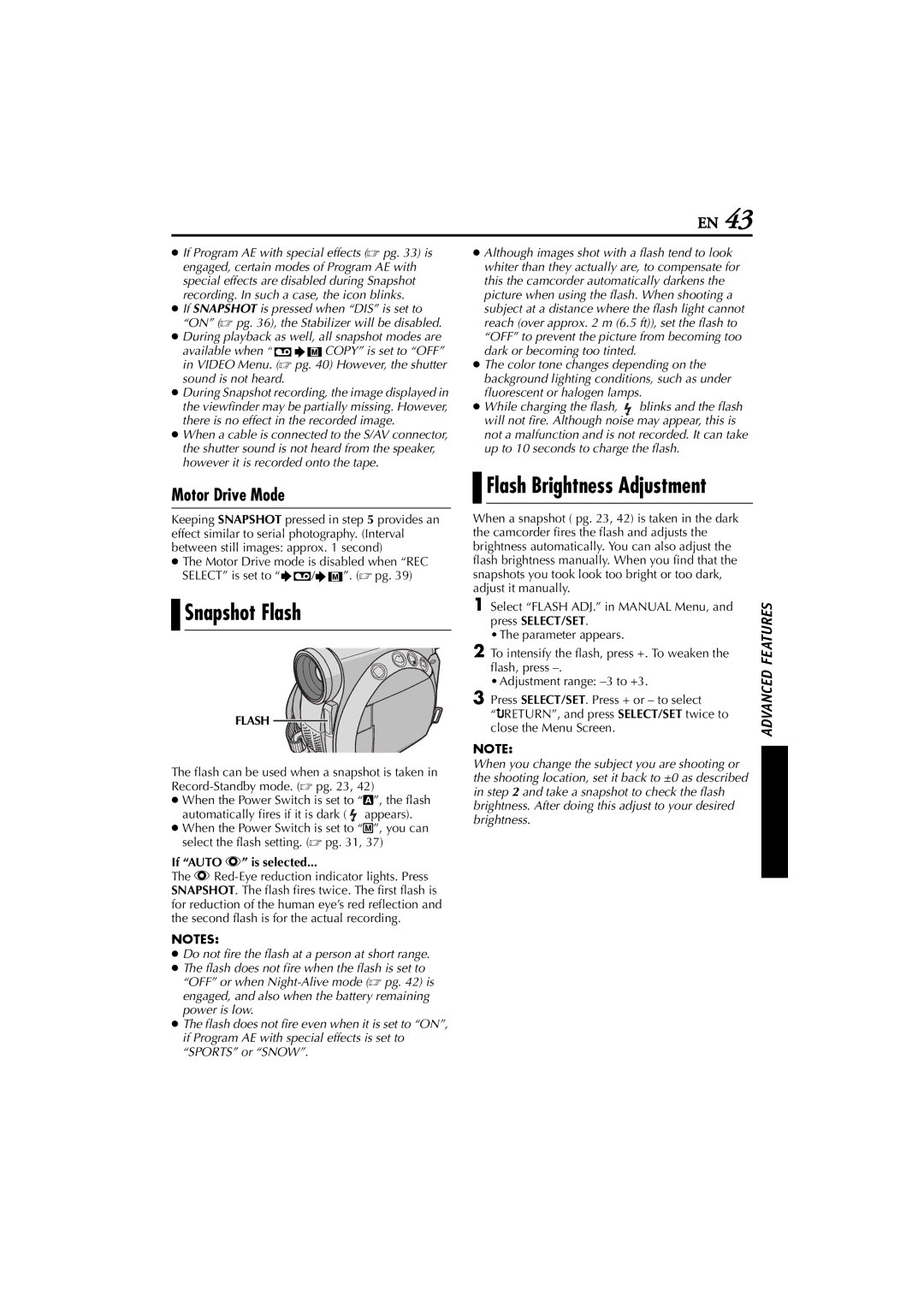 JVC GR-D200 manual Snapshot Flash, Motor Drive Mode, If Auto C is selected, Adjustment range -3 to +3 