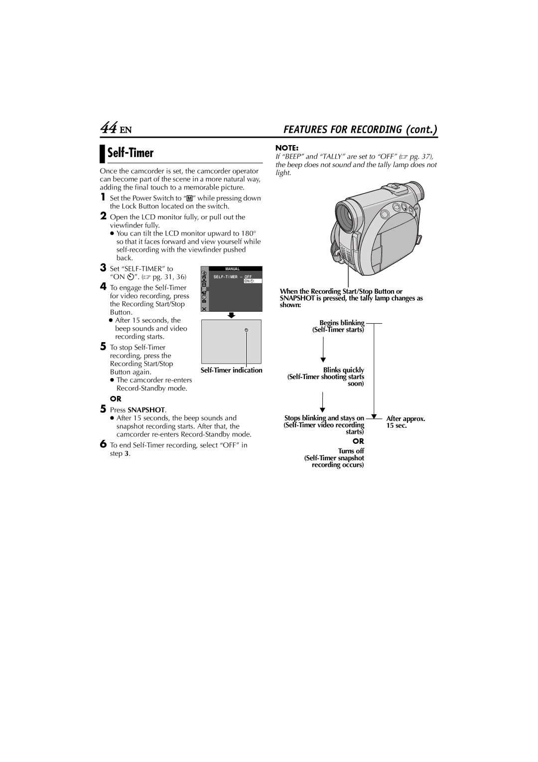 JVC GR-D200 manual Blinks quickly Self-Timer shooting starts soon, Starts 