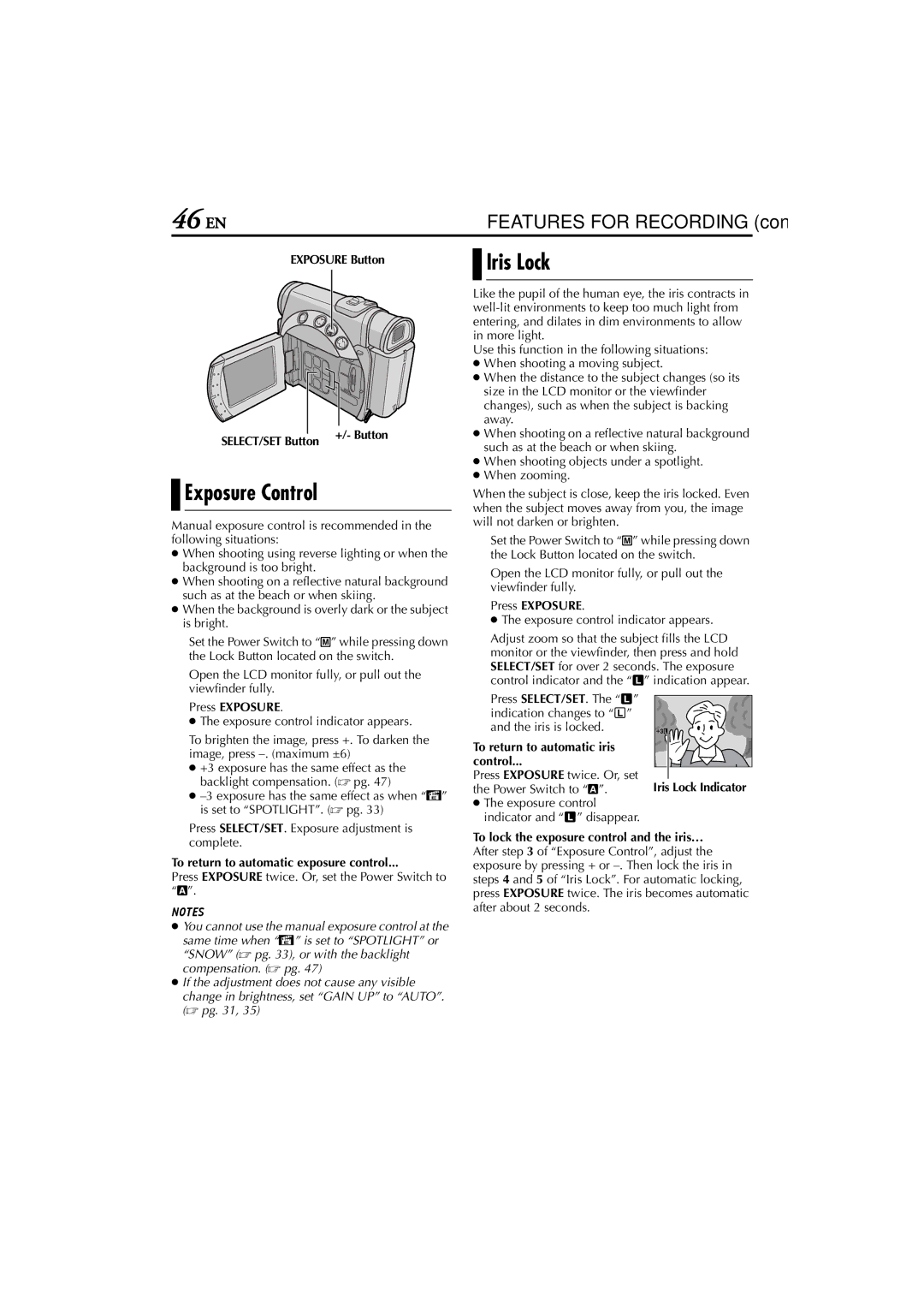 JVC GR-D200 manual Exposure Control, Iris Lock 