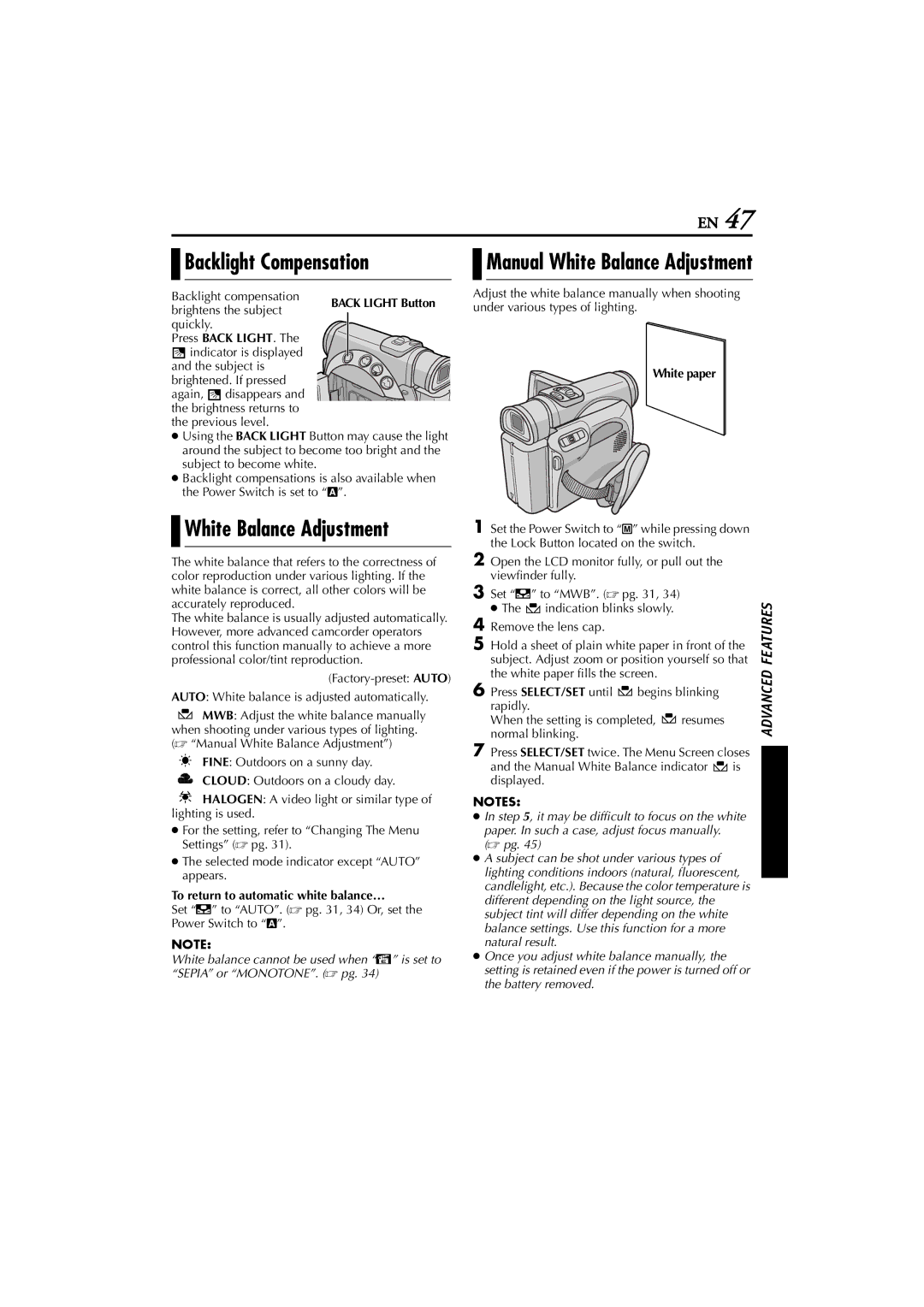 JVC GR-D200 manual Backlight Compensation, Backlight compensation brightens the subject quickly, White paper 