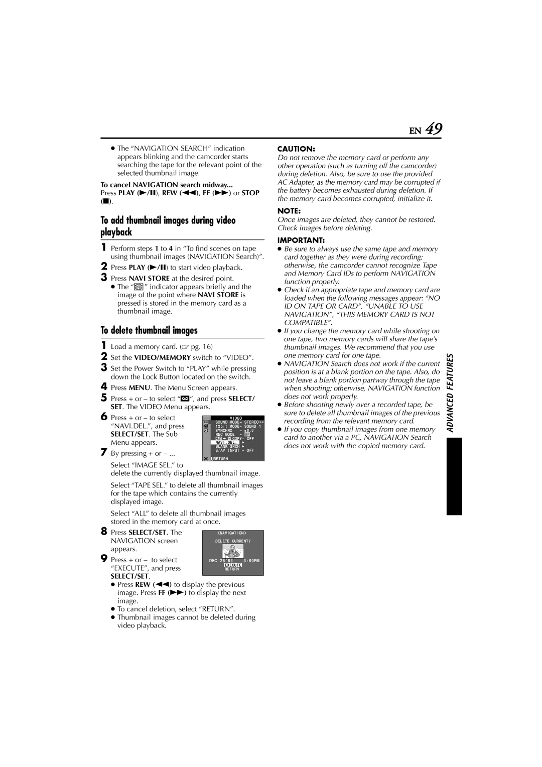 JVC GR-D200 manual To add thumbnail images during video playback, To delete thumbnail images 