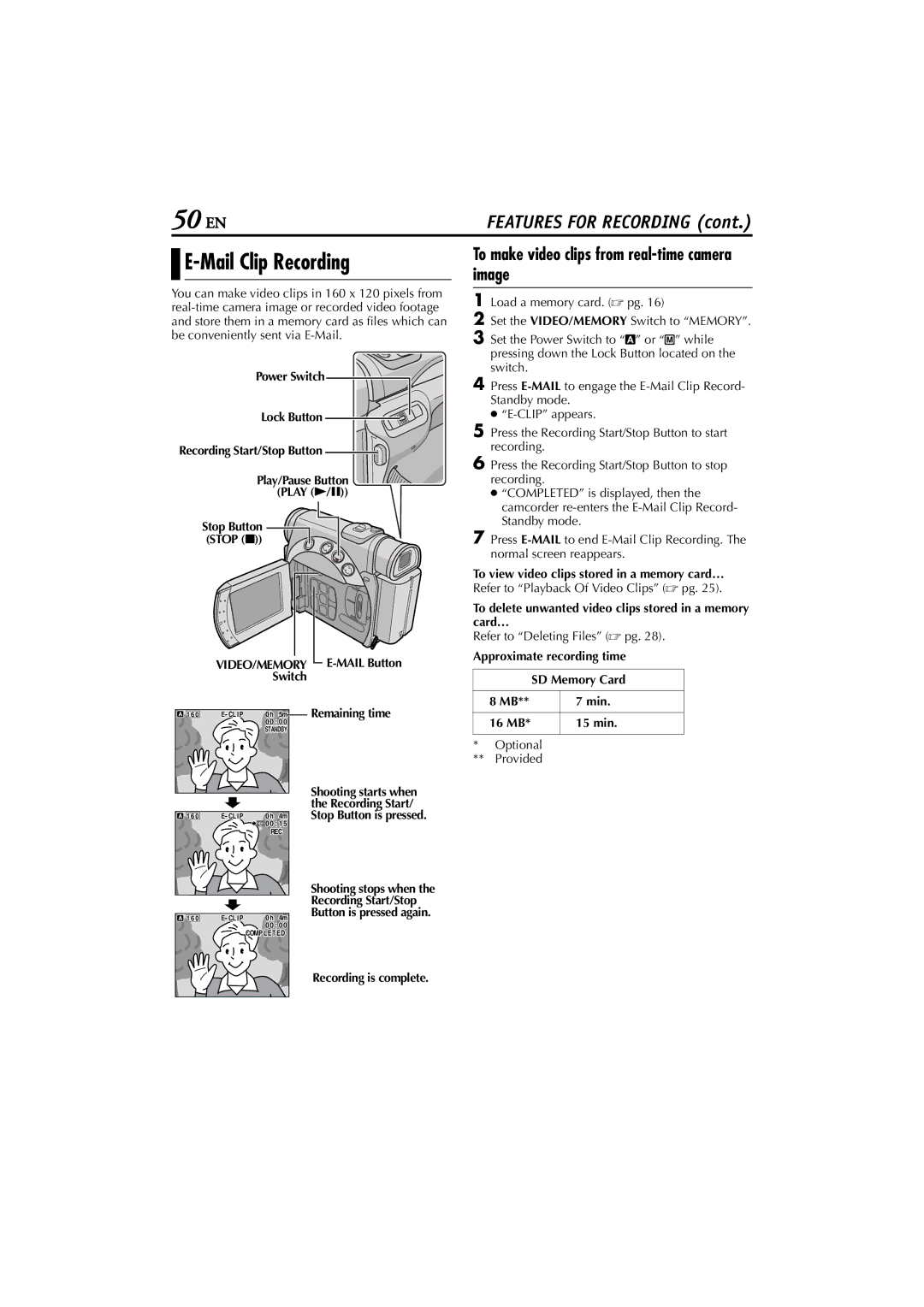 JVC GR-D200 manual Mail Clip Recording, To make video clips from real-time camera image 