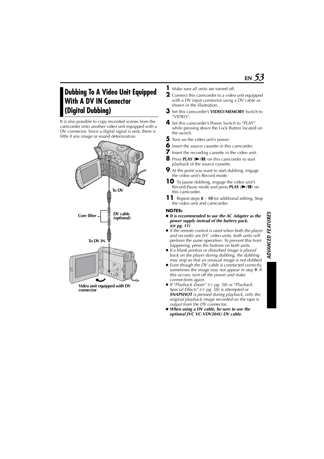 JVC GR-D200 manual With a DV in Connector Digital Dubbing, Dubbing To a Video Unit Equipped, To DV, Core filter 