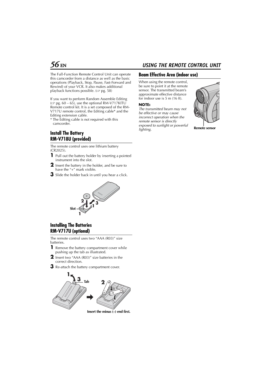 JVC GR-D200 manual Install The Battery RM-V718U provided, Installing The Batteries RM-V717U optional, Slot 