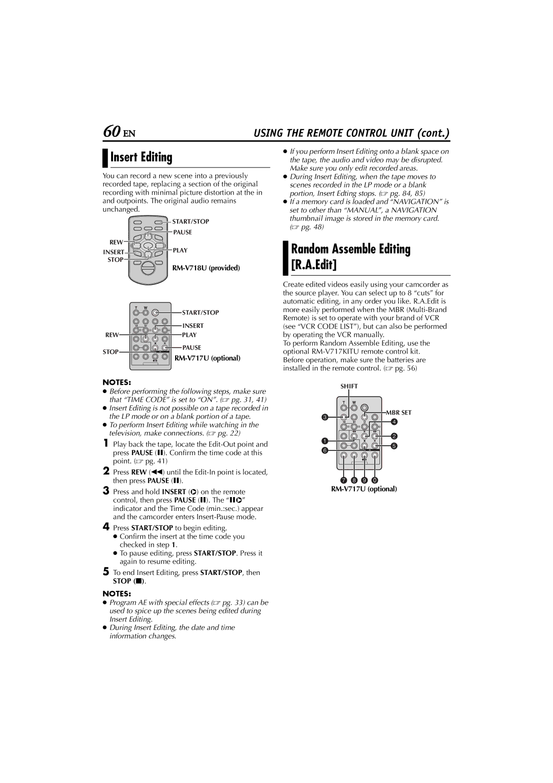 JVC GR-D200 manual Insert Editing, Random Assemble Editing R.A.Edit, RM-V717U optional 