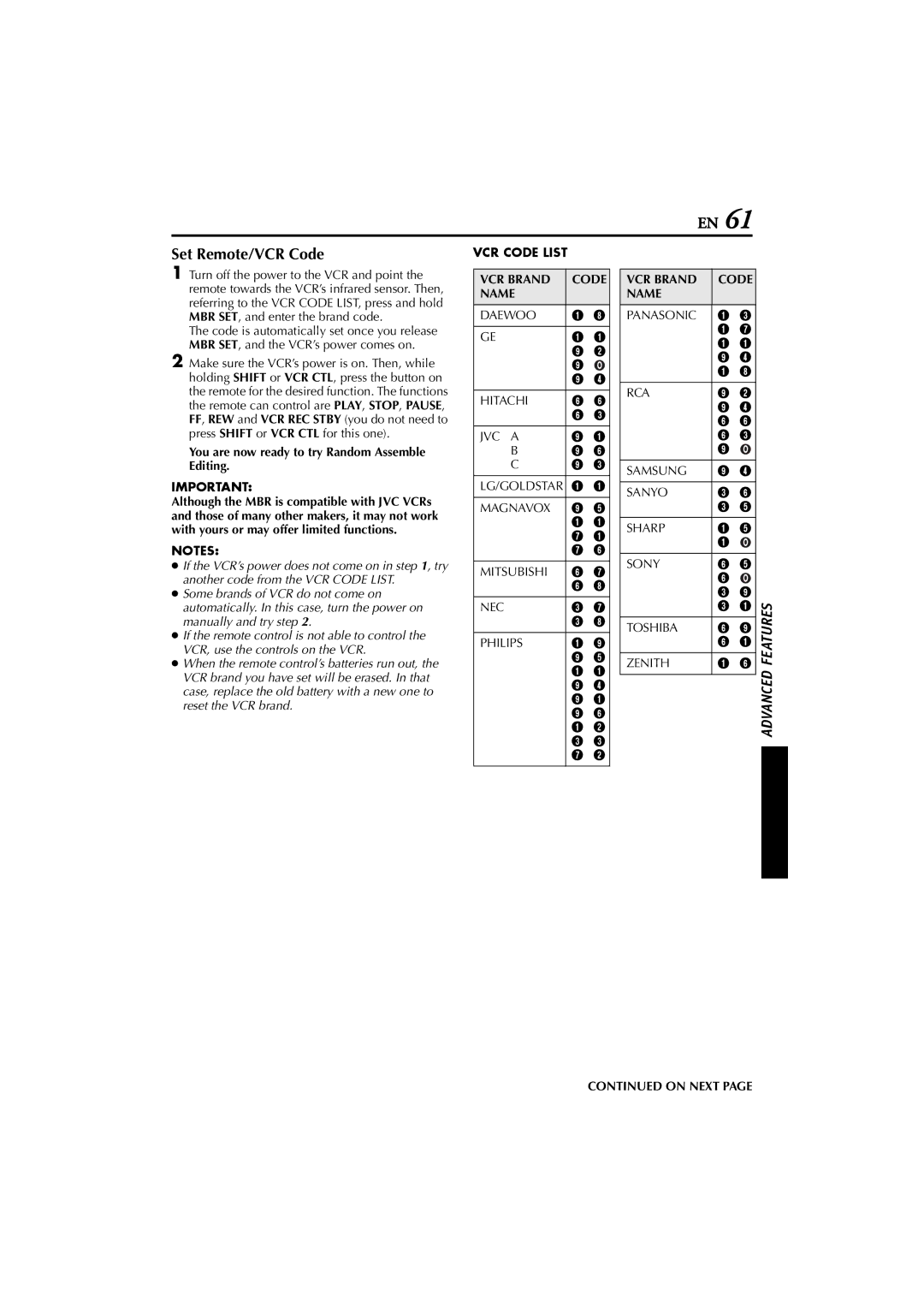 JVC GR-D200 manual Set Remote/VCR Code, VCR Code List, VCR Brand Code, Name 