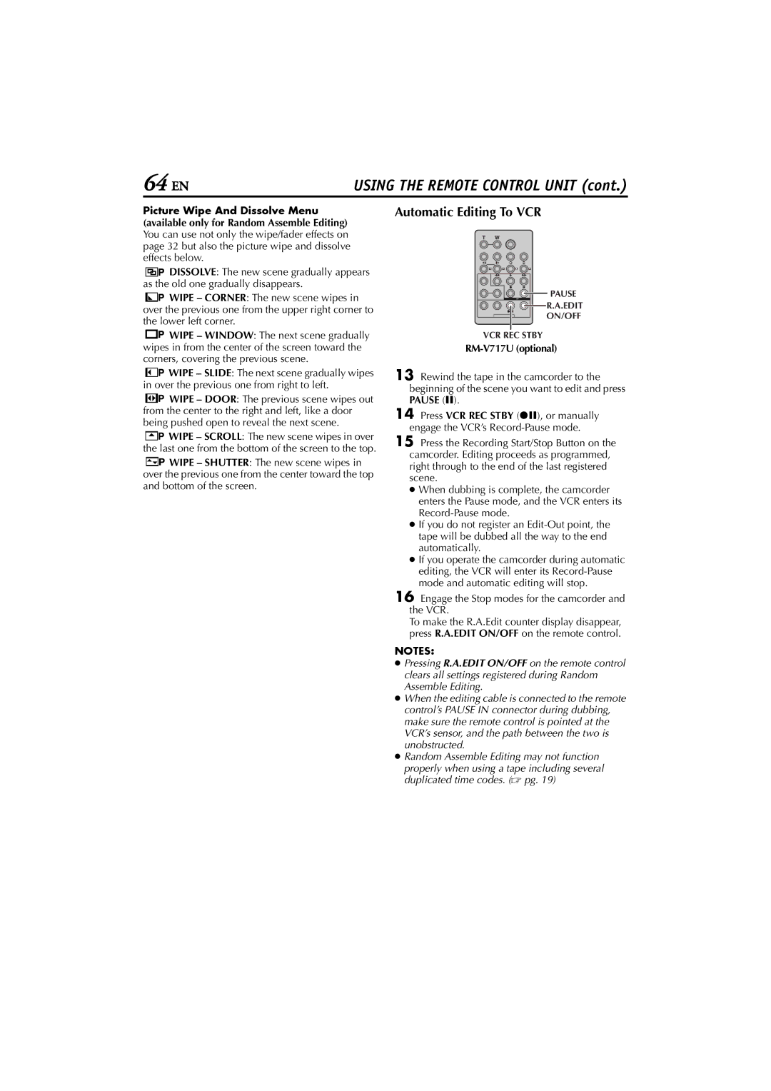 JVC GR-D200 manual Automatic Editing To VCR, Engage the Stop modes for the camcorder and the VCR 