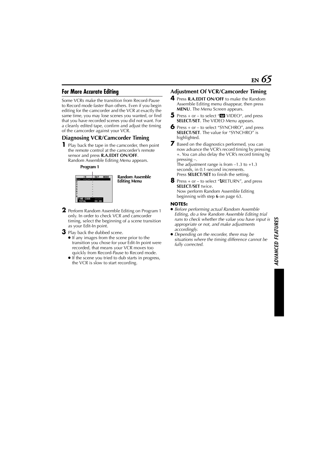 JVC GR-D200 manual For More Accurate Editing, Diagnosing VCR/Camcorder Timing, Program, SELECT/SET twice 