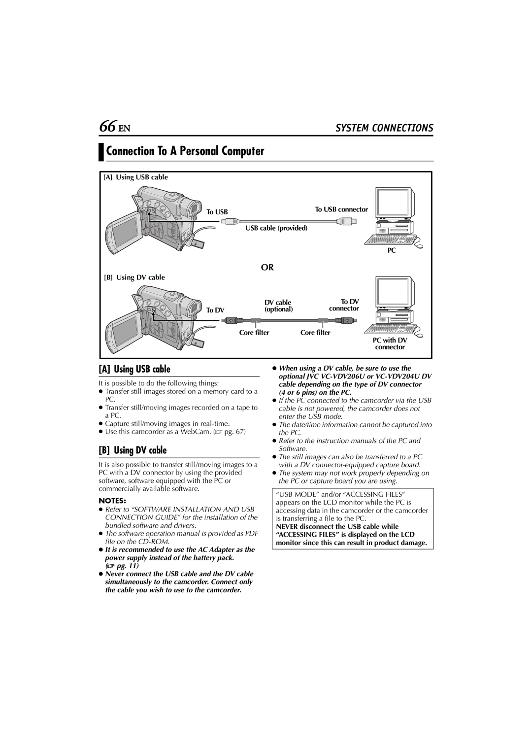 JVC GR-D200 manual Connection To a Personal Computer, Using USB cable, Using DV cable 