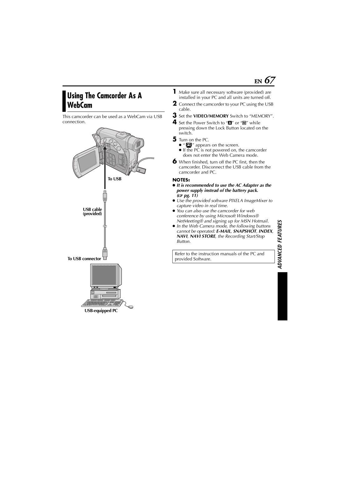 JVC GR-D200 manual WebCam, En$%, To USB connector USB-equipped PC, Button, Provided Software 