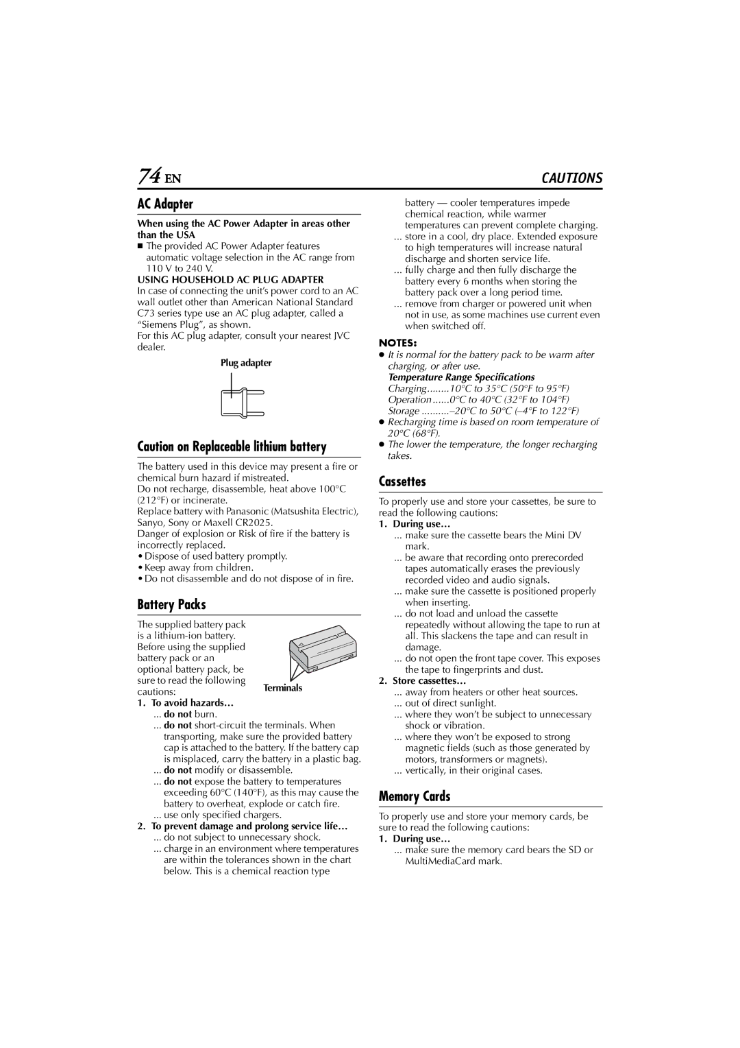 JVC GR-D200 manual AC Adapter, Battery Packs, Cassettes, Memory Cards, Using Household AC Plug Adapter 