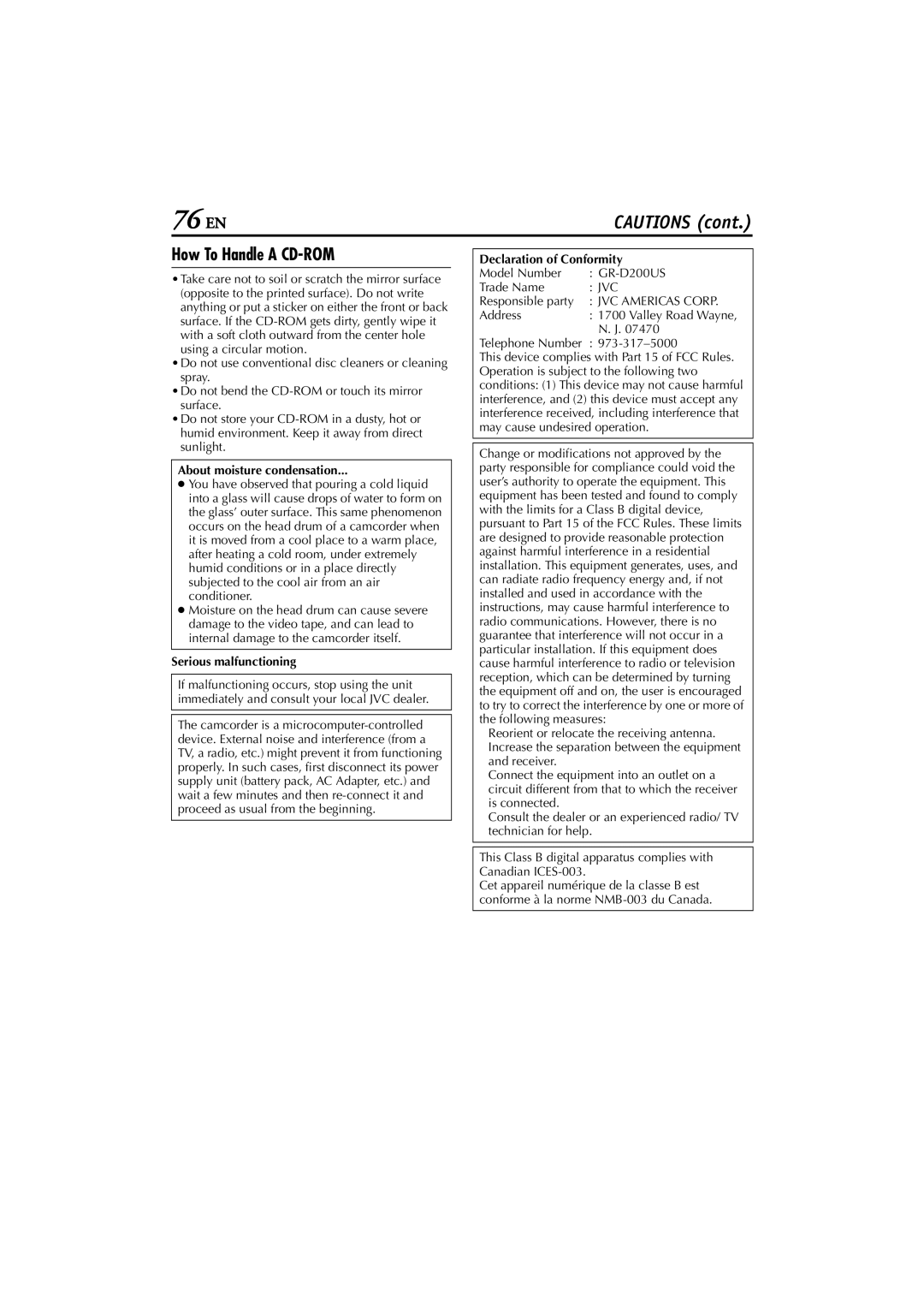 JVC GR-D200 manual How To Handle a CD-ROM, About moisture condensation, Serious malfunctioning, Declaration of Conformity 