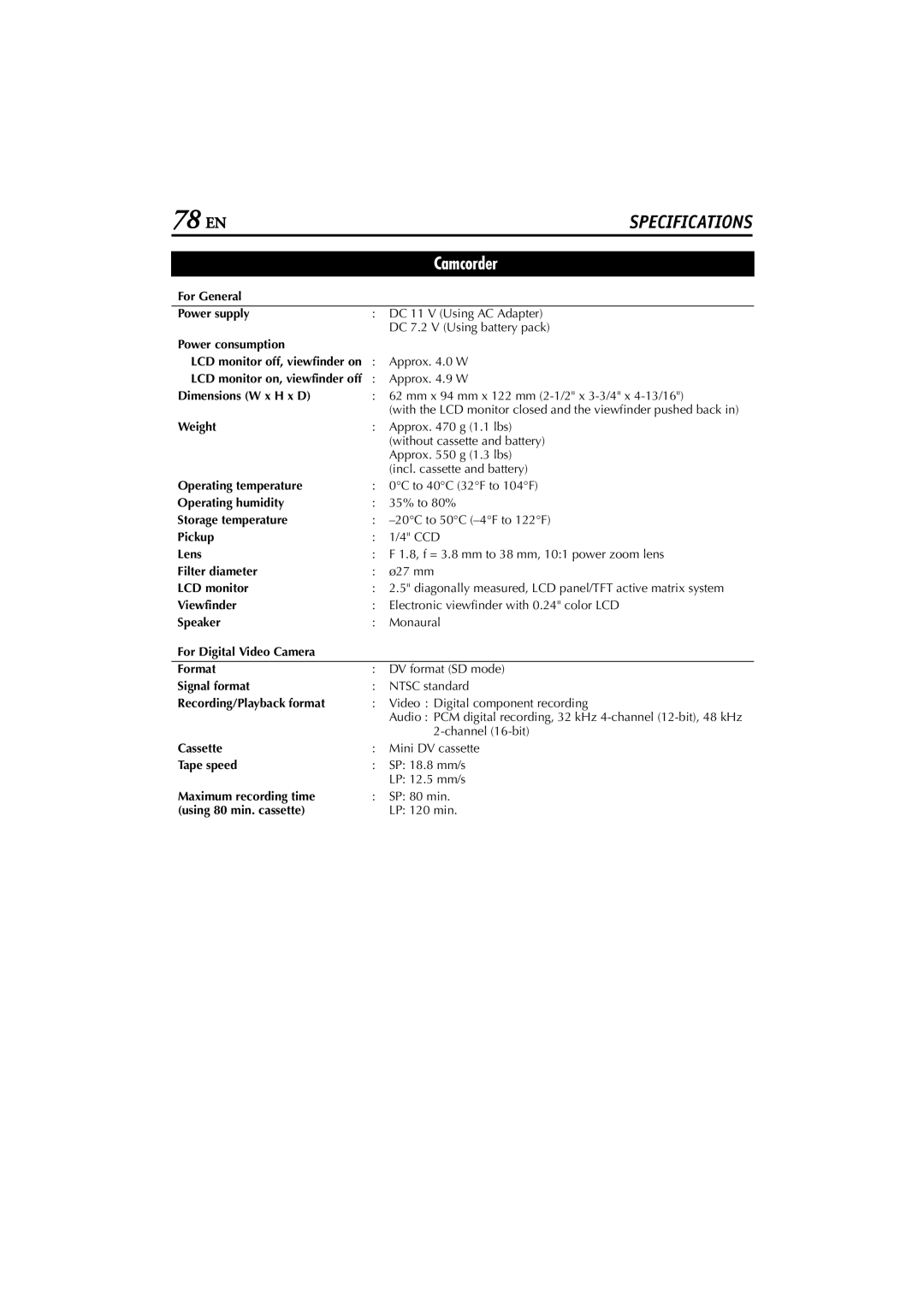 JVC GR-D200 For General Power supply, Power consumption, Dimensions W x H x D, Weight, Operating temperature, Pickup, Lens 