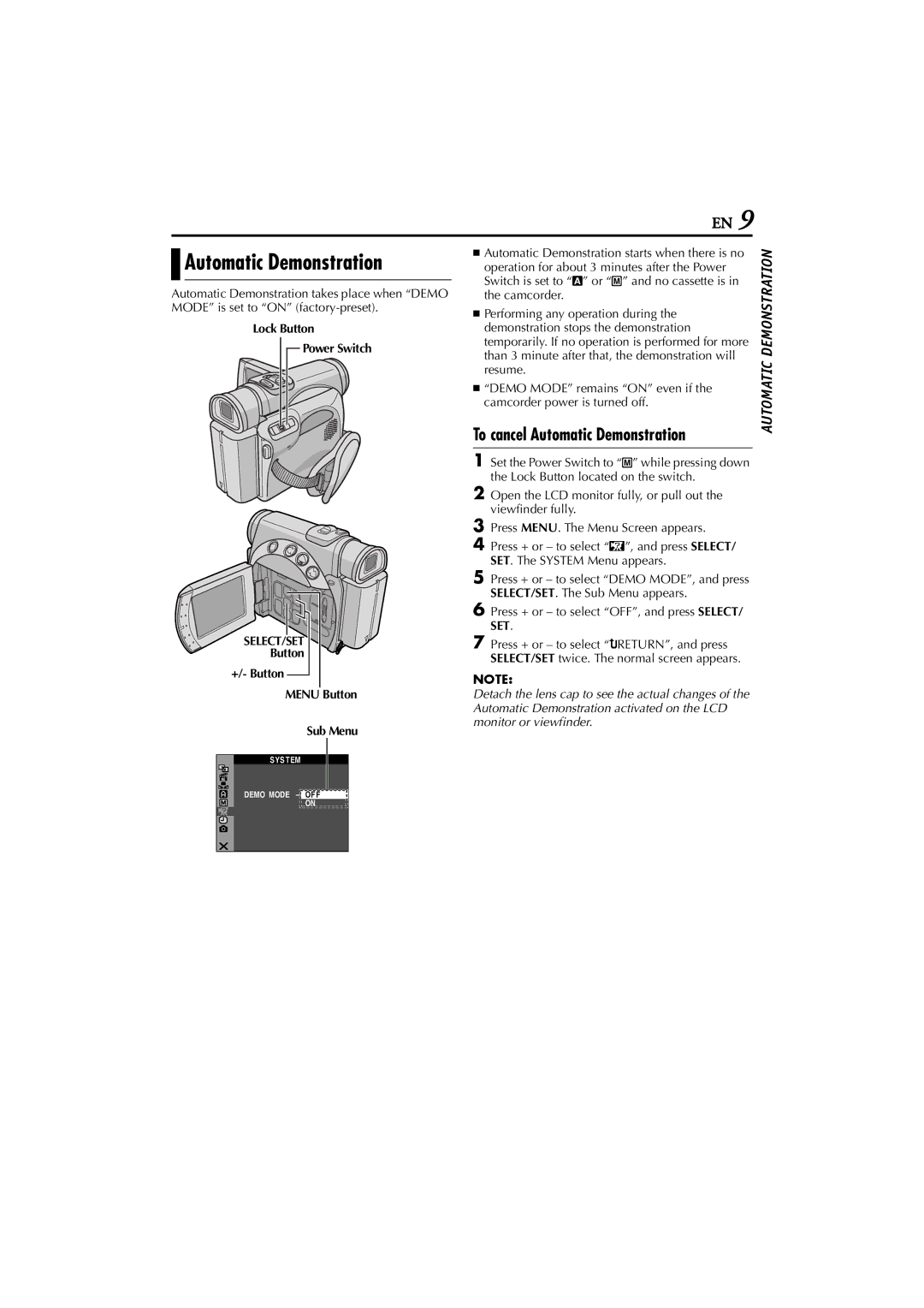 JVC GR-D200 manual To cancel Automatic Demonstration, Lock Button Power Switch, Menu Button Sub Menu 