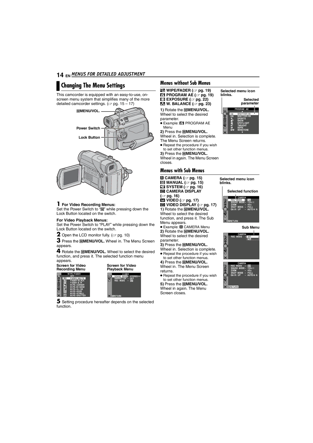 JVC GR-D225 manual Changing The Menu Settings, EN Menus for Detailed Adjustment, Menus with Sub Menus 