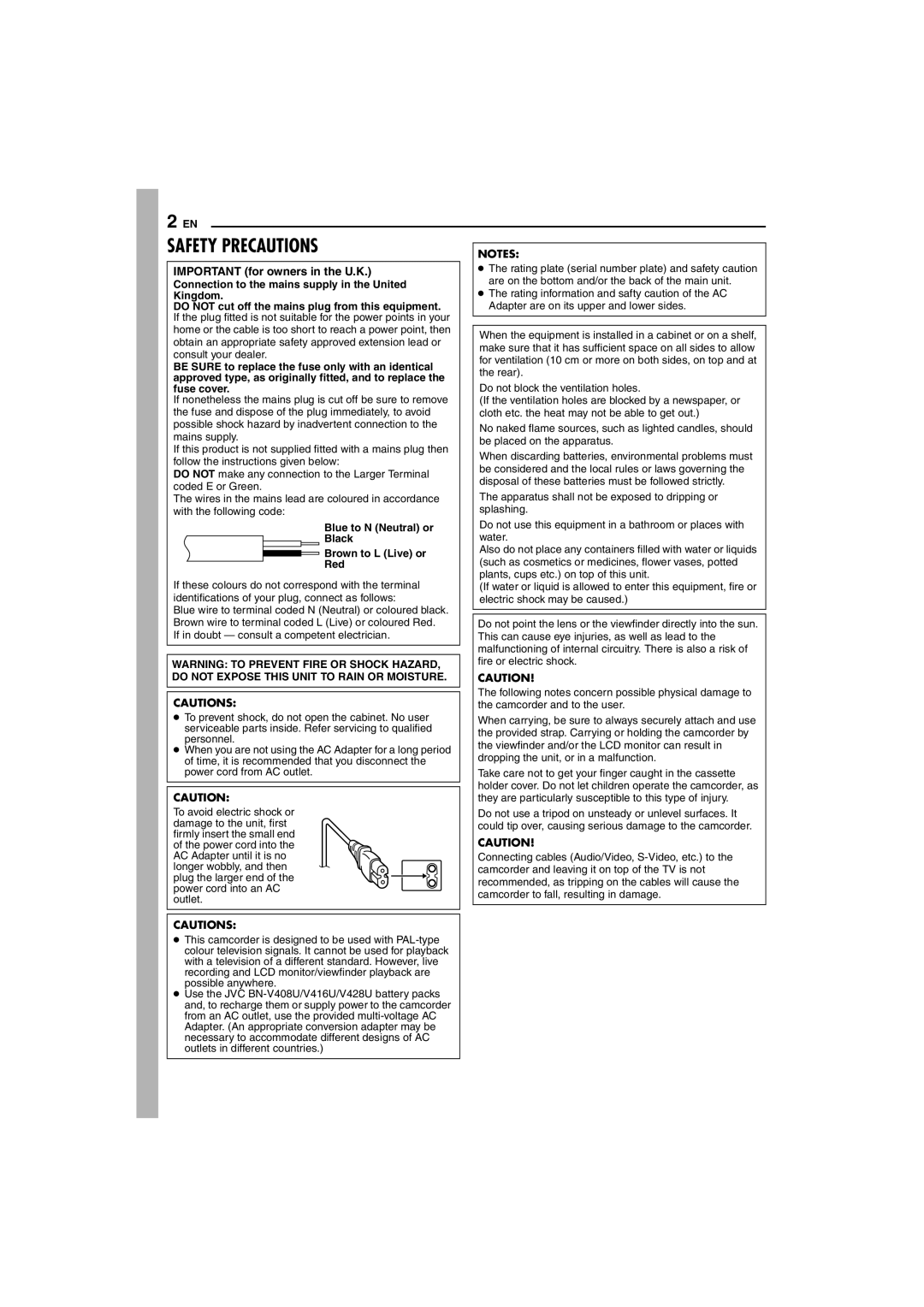 JVC GR-D225 manual Important for owners in the U.K, Blue to N Neutral or Black Brown to L Live or Red 