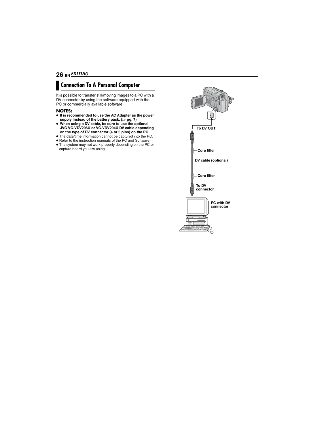 JVC GR-D225 manual Connection To a Personal Computer 