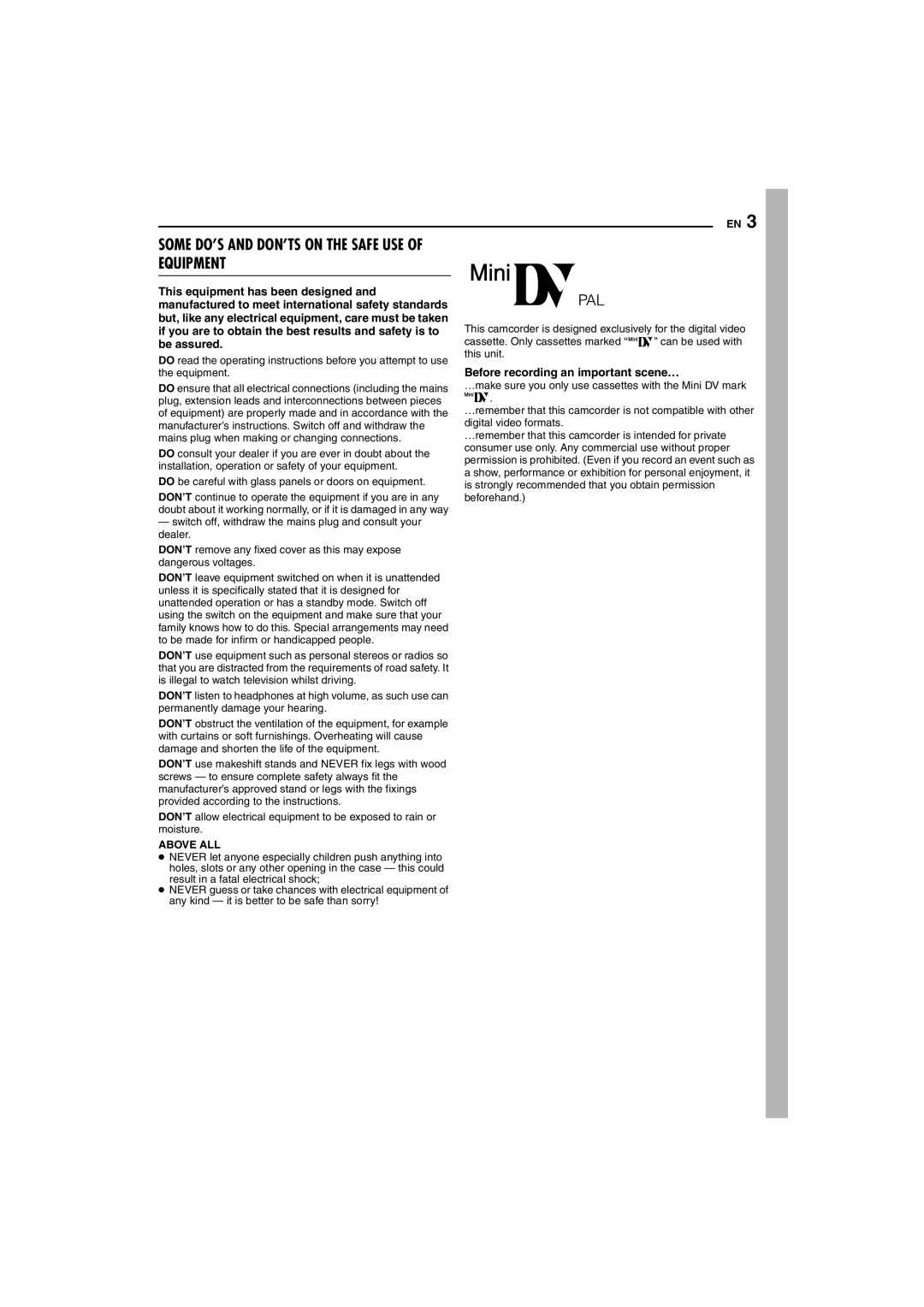 JVC GR-D225 manual Some DO’S and DON’TS on the Safe USE of Equipment, Before recording an important scene… 